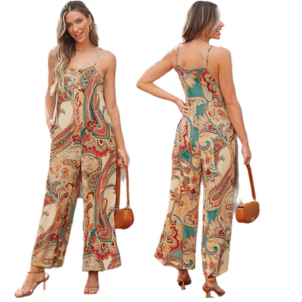 ❤️ Red Paisley Spaghetti Strap Wide-Leg Jumpsuit – Sizes S To XL